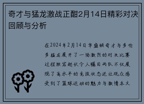 奇才与猛龙激战正酣2月14日精彩对决回顾与分析